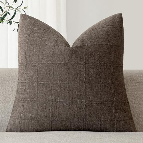 Foindtower Set of 1 Decorative Linen Check Throw Pillow Cover Neutral Farmhouse Vintage Cushion Cover Modern Boho Home Decor for Sofa Chair Couch Bedroom Living Room,16×16 Inch,Dark Brown - color: Dark Brown, size: 16" x 16" (Pack of 1)