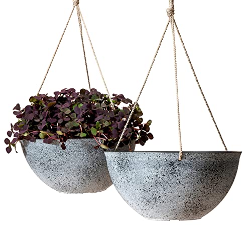 LA JOLIE MUSE Large Hanging Planters for Outdoor Plants - 13 Inch Hanging Flower Pots with Drainage Holes, Set of 2, Rock Grey - color: Concrete Gray