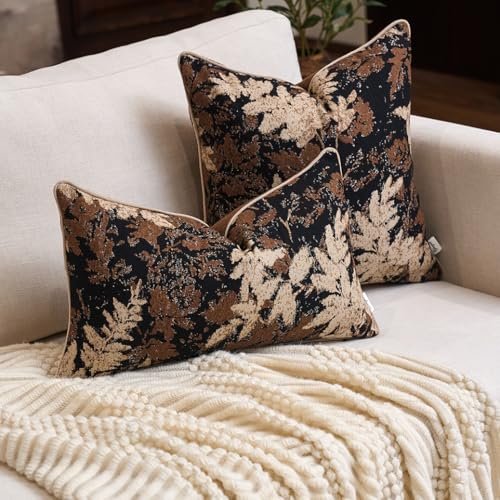Yangest Neutral Leaf Pillow Cover 18 x18 Inches, Vintage Chenille Square Throw Pillow Cover Soft Leaves Nature Accent Couch Pillow Cover for Living Room Bedroom, Coffee Brown - color: Coffee Brown, size: 18" x 18" (Pack of 1)