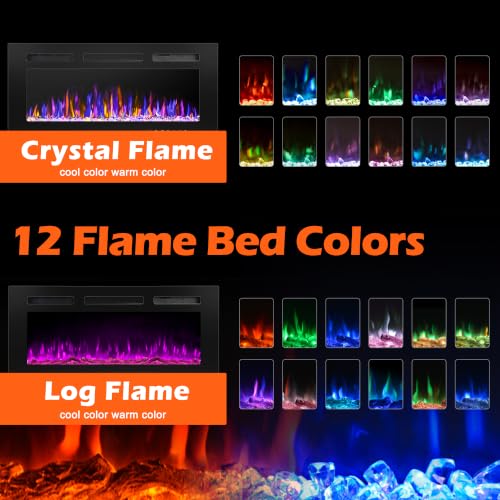 BETELNUT 30" Electric Fireplace Wall Mounted and Recessed with Remote Control, 750/1500W Ultra-Thin Wall Fireplace Heater W/Timer Adjustable Flame Color and Brightness, Log Set & Crystal Options - size: 30 Inch