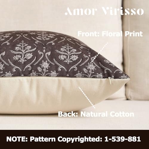 Amor Virisso Floral Pillow Covers 18x18 Inch Farmhouse Block Print Pillow Cover Accent Square Neutral Modern Decorative Throw Pillow Covers for Living Room Couch Bed Sofa Chair, Dark Brown - color: Dark Brown, size: 18" x 18" (Pack of 1)