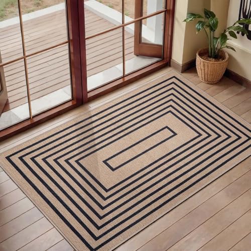 Tangsoo Geometric Easy Jute Rug 2x3 Washable Rug,Small Area Rug for Entryway,Non-Slip Black Thin Indoor Outdoor Door Mat Modern Farmhouse Carpet for Entrance Kitchen Bedroom Front Porch - color: Geometric Black, size: 2x3ft
