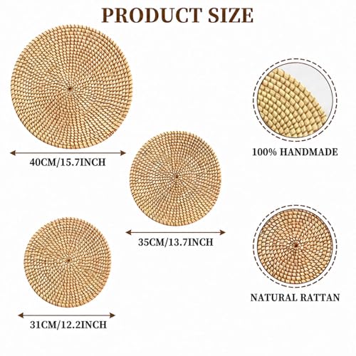 Laquedecraft Boho Wicker Rattan Plate Basket Set For Décor Hanging Wall | Large Woven Farmhouse Rustic Bohemian Art Baket Hangings For Decorative Home, Bedroom, Living Room, Kitchen, Bathroom (Classic, Natural, Set of 3) - size: Set of 3, style: Classic