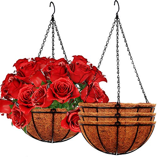 4 Pack 10 inch Metal Hanging Planters Basket with Coco Coir Liner Outdoor-Hanging Baskets for Plants Outdoor,Metal Wire Baskets with Window Box Planters, Hanging Flower Pots for Railings - size: 10 inch