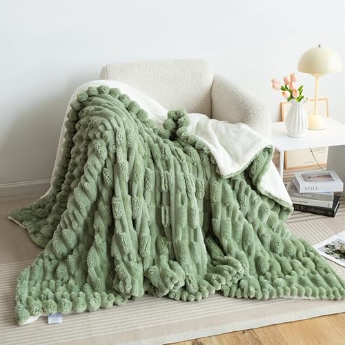UKELER Sherpa Throw Blanket 60 × 80 inch- Cute Striped Design Soft Plush Fleece Blanket for Bed Couch Sofa Office Camping, 610 GSM, Green - color: C-green, size: 60x80 Inch