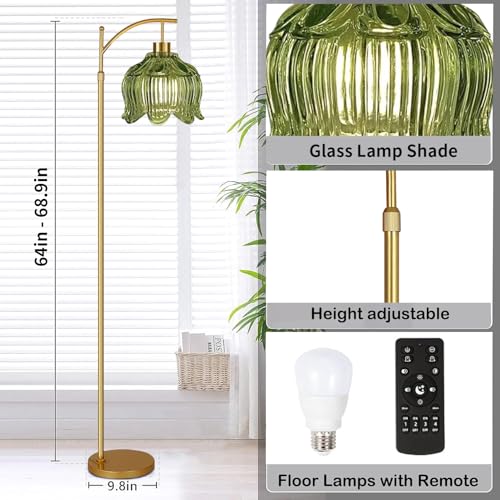 QIYIZM Glass Floor Lamp for Living Room,Bedroom,Gold Dimmable Standing Lamp with Remote,Mid Century Modern Brass Tall Lamp Boho Vintage Floor Lamps Arc Green Tulip Flower Floor Light Lamp Bohemian - size: 29-Floor Lamp