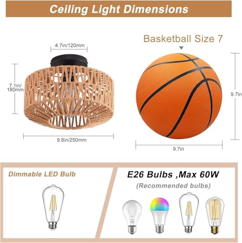 Ceiling Light Fixture,Hand-Woven Rattan Flush Mount Ceiling Light,Farmhouse Light Fixtures Ceiling Mount Boho for Hallway Bedroom Kitchen Entryway Living Room - color: 9.8 IN Ceiling Light