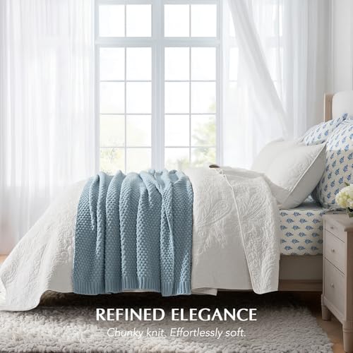 EVERGRACEHOME Chunky Chenille Knit Throw Blanket for Couch, Soft Luxurious Moss Stitch Blankets for Bed, Cozy Decorative Farmhouse Knitted Throws for Sofa, Chambray Blue, 50" x 60" - color: Chambray Blue, size: 50" X 60"