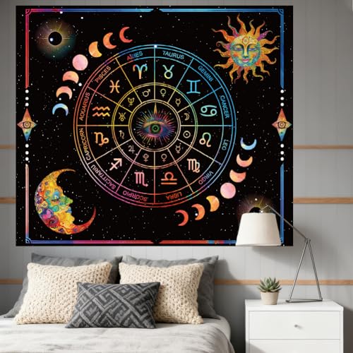 CRAFTYMELODY Constellation Blacklight Tapestry Glow in the Dark Tapestry UV Reactive Sun Moon Eye Wall Hanging 59×51 Inch with Hook Self Adhesive Sticker Clip for Bedroom Home Wall Decoration - color: Constellation