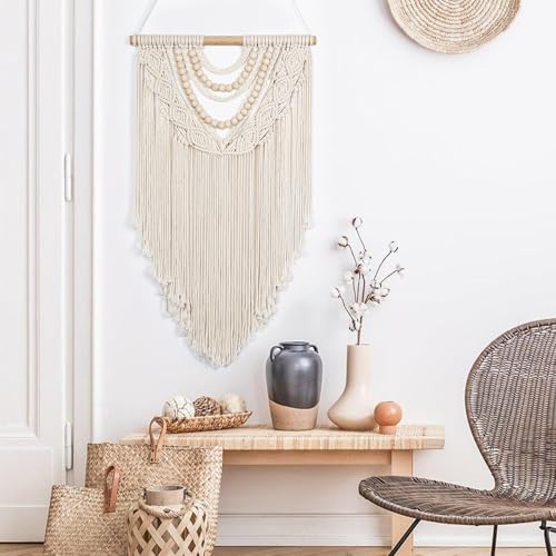 LOMOHOO Macrame Wall Hanging Boho Handmade Geometric Woven Tapestry Bohemian Wall Art Decor with Chic Wooden Beads Home Decor for Bedroom Living Room Apartment Dorm Gallery Wedding 16.5"x30" - color: Beige