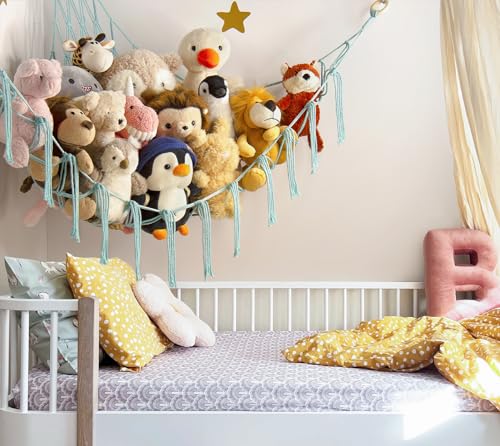 Stuffed Animal Hammock-Large Stuffed Animal Net For Toys Corner-Hanging Stuff Animal Toy Storage Organizer For Plush Plushie Display Light Blue Girl Room Bedroom Boho Nursery Decor Toy Storage - color: LightBlue, size: Standard(41.5"L x 55.2"W x 41.5"H)