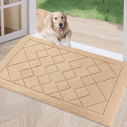 REFETONE Indoor Doormat, Front Back Door Mat 24"x36" Rubber Backing Non Slip Mats, Absorbent Washable Entrance Doormat for Entryway, Resist Dirt Low-Profile Inside Floor Mats for Muddy Shoes, Golden - color: Big Plaid Golden, size: 2' x 3' (Rectangular)