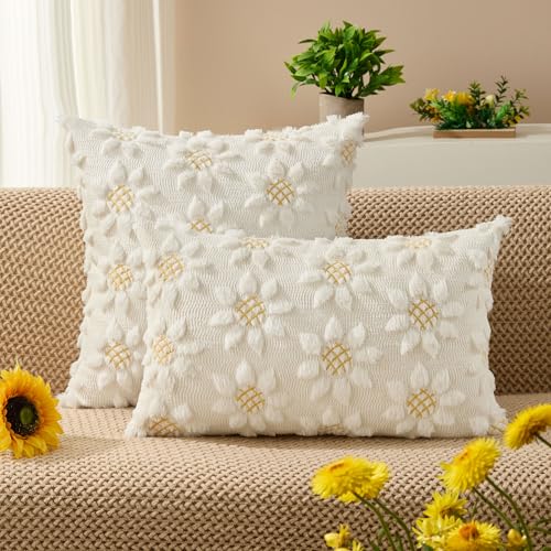 DFXSZ Spring Summer Pillow Covers 12x20 inch Set of 2 Farmhouse Decor Yellow Color Flower Heart Sunflower Soft Plush Faux Fur Jacquard Throw Pillows for Sofa Holiday Spring Home Decor PTK024C12 - color: Cream White, size: 20" x 12" (Pack of 2)
