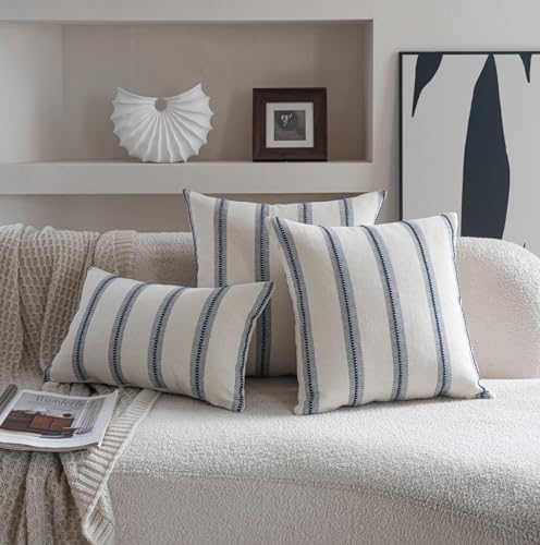 Cethom Boho Throw Pillow Covers 22x22 Set of 2, Navy Blue Striped Decorative Pillow Cases for Couch Chair Bed, Textured Farmhouse Modern Accent Cushion Covers for Living Room Bedroom Sofa Home Decor - color: Navy Blue, size: 22" x 22" (Pack of 2)