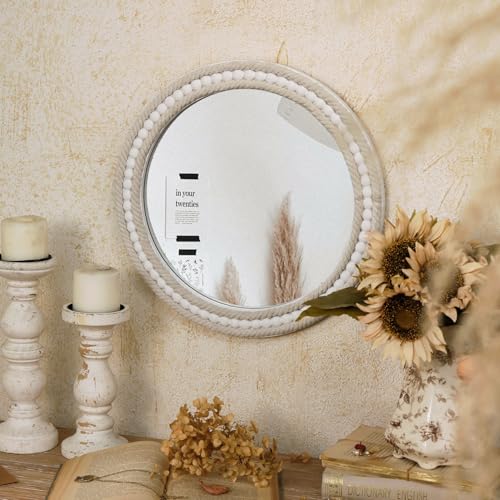 Boho Round Beaded Wall Mirror - 16 Inch Decorative Rope-Wrapped Circle Mirrors for Bathroom Living Room Entryway
