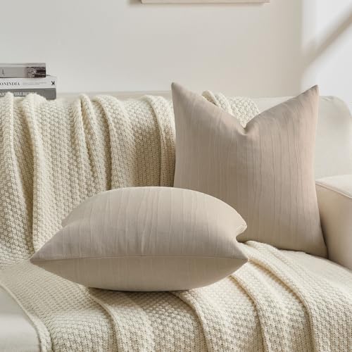 FUTEI Pack of 2 Chenille Decorative Throw Pillow Covers 26x26 Inch,Soft Crushed Striped Texture Euro Pillow Sham,Modern Home Decor for Couch Bed Living Room,Beige - color: Beige, size: 26" x 26" (Pack of 2)