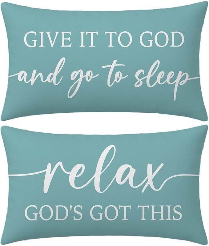 Decorative Throw Pillow Covers 12x20 Inch Set of 2 – Turquoise Christian Lumbar Pillowcase – Give It to God and Go to Sleep/Relax God’s Got This – Beach Faith Bedroom Bed Decor