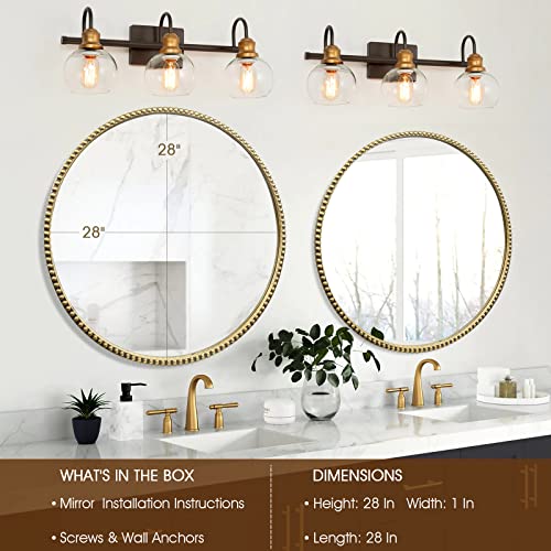 Round Bathroom Wall Mirror, 28"x28" Antique Gold Metal Beaded Frame Vanity Mirror, Wall Mounted Large Circle Makeup Mirror for Bedroom, Living Room, Entryway - color: Gold Round, size: 28"L x 28"W