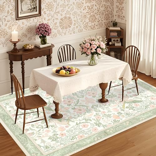 8'x10' Area Rugs Washable,Green Rug for Living Room Bedroom Dining Room,Large Boho Farmhouse Botanical Bohemian Distressed Oriental Carpet Non Slip,Sage Floral Bird - color: Green Floral Bird, size: 8'x10'