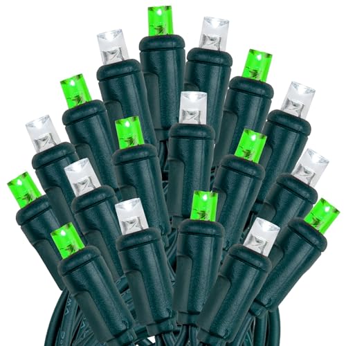 Novelty Lights 25ft 50 LED Green/Pure White Christmas Lights Outdoor/Indoor, 6" Spacing, Green Wire String Lights for Festive Xmas Lighting, IP55, UL Listed, Dimmable, Connectable - color: Green/Pure White
