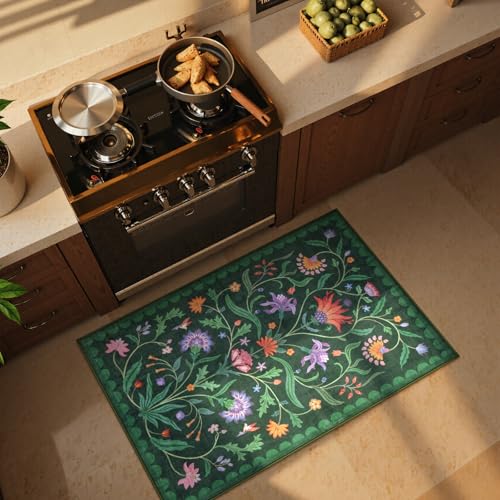 Lahome Boho Floral 2x3 Green Kitchen Rugs for Entryway, Washable Door Mat Indoor Entrance, Small Soft Non-Slip Indoor Carpet Throw Rugs for Bathroom Laundry(Forest Green,2x3) - color: Forest Green, size: 2' x 3' (Rectangular)