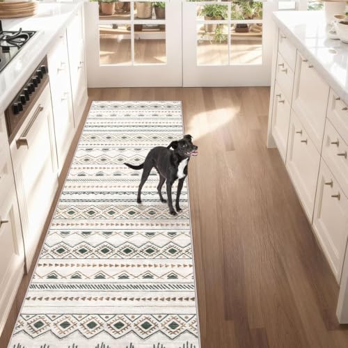 Runner Rug 2x7 Boho Geometric Area Rugs: Washable Kitchen Entryway Rug, Soft Non Slip Moroccan Long Hallway Rugs for Bedroom Bathroom Laundry Entryway Staircase Foyer(Brown Green,2'x7') - color: Brown/Green, size: 2' X 7' (Rectangular)