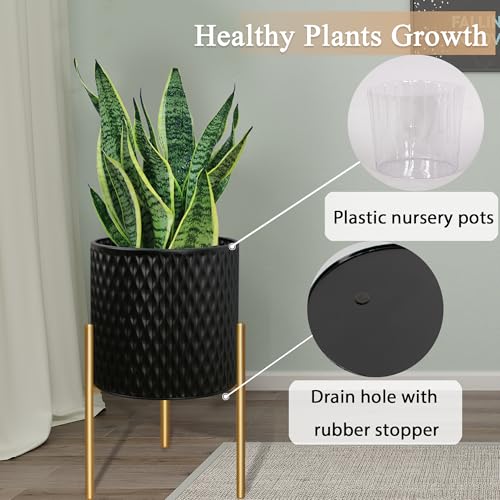 ARNIS Plants Pots with Stand, Large Size Flower Pots, Set of 2 Unique Mid Century Decorative Metal Flower Pots with Drainage,10.5&12.25 Inch, Black - color: Matte Black, size: 10.5 &12.25