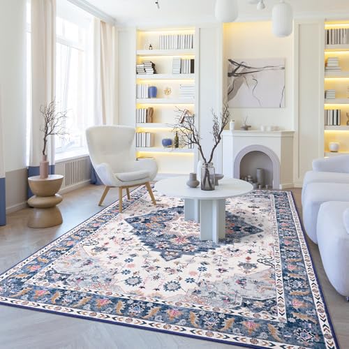 Amearea Vintage Design Area Rugs for Living Room, 4x6 Machine Washable Floral Collection Traditional Bedroom Rug, Low Pile Cute Kids Room Print Carpet, No Slip Office Kitchen Home Decor, Blue - color: Blue, size: 4' X 6' (Rectangular)