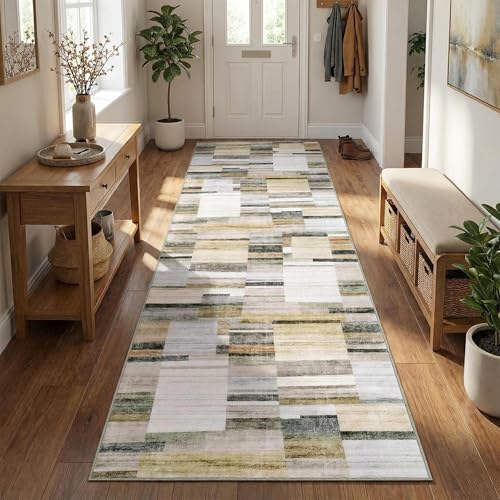 Garvee Washable Rugs for Entryway 2x8 Runner Rug Non Slip Kitchen Rugs Indoor Modern Geometric Soft Bathroom Runner Rug Low Pile Stain Resistant Carpet for Bedroom Hallway Laundry 2'x8' Khaki - color: Grey Multi, size: 2' x 8' (Runner)