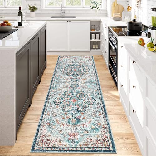 Pauwer Boho Hallway Runner Rug 2x6 Washable Entryway Area Rugs Non Slip Farmhouse Vintage Floor Mat Carpet Runner for Hallways Laundry Room Kitchen Bathroom Bedroom - color: Teal, size: 2' x 6' (Runner)