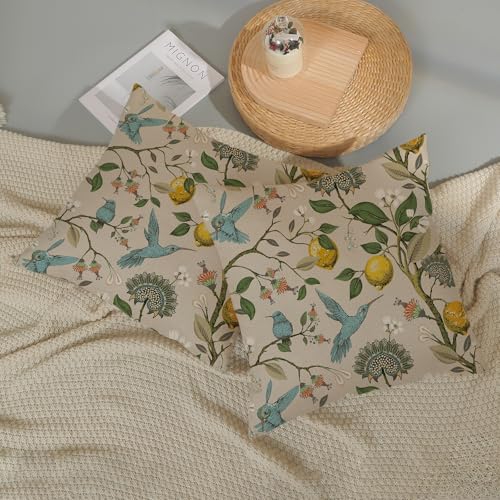 Blue Green Chinoiserie Pillow Covers 16x16 Inch 2 Pcs Vintage Floral Birds Decor Throw Pillows Boho Flower Seasonal Spring Summer Outdoor Decoration Pillowcase Linen Cushion Cover for Couch - color: Boho Floral Birds, size: 16" x 16" (Pack of 2)