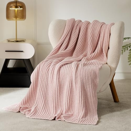 WESHIONGOO Pink Throw Blanket for Couch Soft Knit Throw Blanket with Chenille Yarn Non-Shedding, Chenille Blanket for Living Room Bed Sofa (50"*60") - color: Light Pink