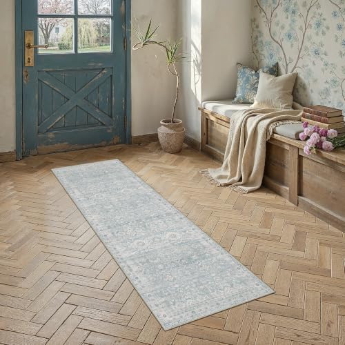 2x6 Blue Washable Neutral Runner Rug for Living Room Distressed Floral Non Slip Low Pile Runner Indoor Vintage Stain Resistant Distressed Carpet Bedroom Hallway Kitchen Bathroom Entryway - color: Accent | Blue, size: 2'x6'