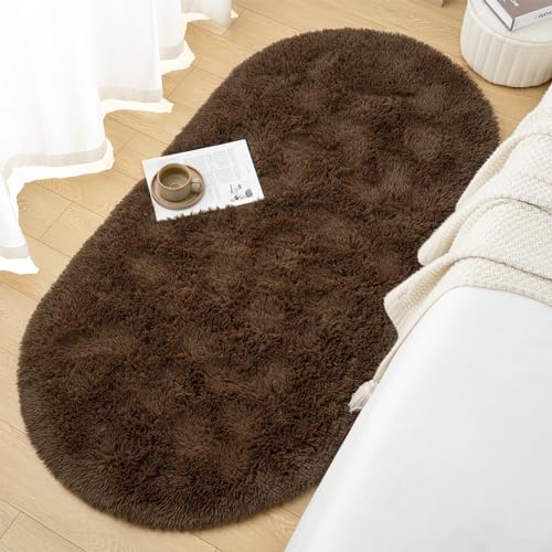 Goideal Fluffy Bedroom Rug, Small Oval Area Rugs, Brown Shag Bedside Carpet for Kids Room Nursery Dorm Cute Fuzzy Indoor Decor for Boy and Girl, 2.6 x 5.3 Feet - color: Brown