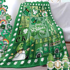 Happy St Patricks Day Flannel Throw Blanket, Lucky Charm Shamrock Clover Gnome Truck Top Hat Birthday Gifts for Kids Men Women, Irish Spring Gold Coins Soft Blankets for Bedding Sofa 50" x 60" - color: Happy St Patricks