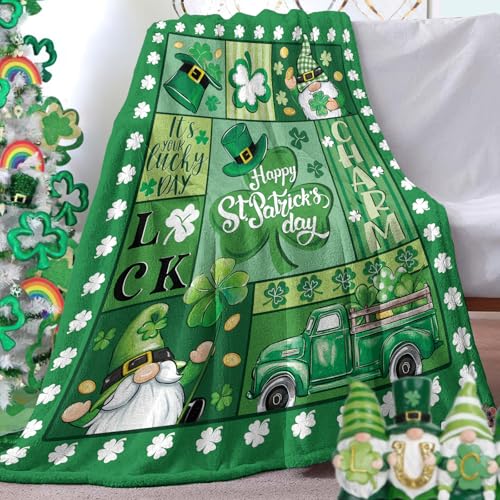 Happy St Patricks Day Flannel Throw Blanket, Lucky Charm Shamrock Clover Gnome Truck Top Hat Birthday Gifts for Kids Men Women, Irish Spring Gold Coins Soft Blankets for Bedding Sofa 50" x 60" - color: Happy St Patricks