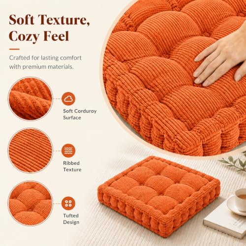 ChezMax Floor Pillow & Cushion, Large Meditation Chair Cushions, Thick Square Seat Pad, Soft Velvet Tufted Seating Pouf for Indoor/Outdoor Yoga Bench Rocking Chair Room Tatami Sofa, Orange 16" x 16" - color: Orange S