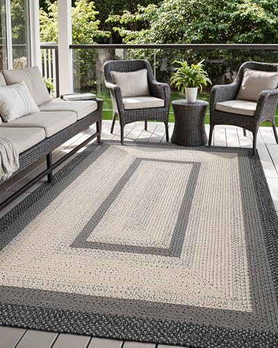 DEXI Woven Hallway Runner Rug, 5x8 Rustic Braided Vintage Carpets, Non Slip Indoor Outdoor Farmhouse Floor Rugs for Entryway, Kitchen, Laundry Room, Black/Ivory - color: Black/Ivory, size: 5' X 8' (Rectangular)