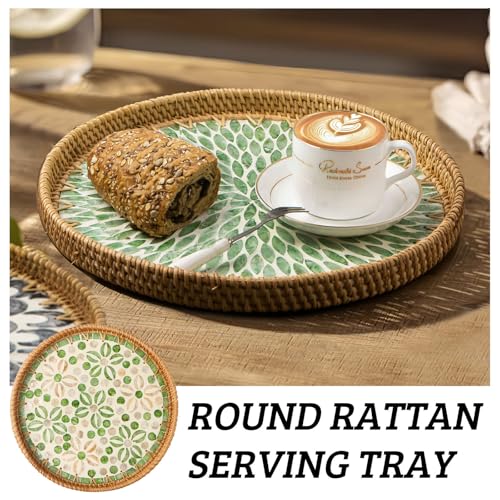 Round Rattan Tray with Mother of Pearl Inlay, Decorative Wicker Serving Tray with Wooden Base, Woven Basket Trays for Bread Fruits Coffee, Starfruit - color: Starfruit