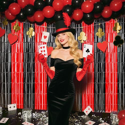 TONIFUL 2Pcs Black and Red Fringe Backdrop Curtain 2026 Graduation Party Metallic Tinsel Foil Fringe Photo Booth Backdrop Door Streamers for Birthday Bachelorette Halloween New Year Party Decorations - color: Black Red