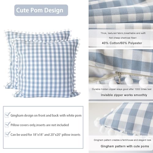 HOPLEE Farmhouse Pillow Covers Light Blue Gingham Pillows with Pom Pom for Home Decor 16x16 Inches Set of 2 - color: Blue Gingham Pom, size: 16" x 16" (Pack of 2)