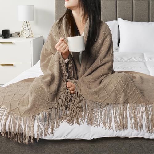 PAVILIA Tan Taupe Knit Throw Blanket for Couch, Twin Bed, Soft Knitted Farmhouse Sofa Throw for Living Room, Lightweight Decorative Fall Blanket for Chair, Outdoor Textured Boho Blanket, 60x80 - color: Tan Taupe, size: 60 X 80 Inches - Twin