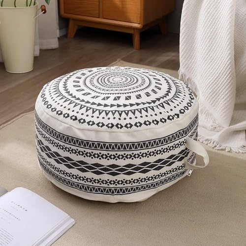 MOCOFO Unstuffed Round Pouf Covers Boho Colorful Geometric Ottoman Pouf Cover with Handle Design,Decoration Footstool for Living Room,Bedroom,Patio (Black,18x18x8) - color: Black