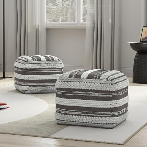 SIMPLIHOME Sommer Boho Square Pouf in Natural/Taupe Grey Handloom Woven Pattern for the Living Room, Bedroom and Kids Room - color: Natural/Taupe Grey, style: Cotton Pouf