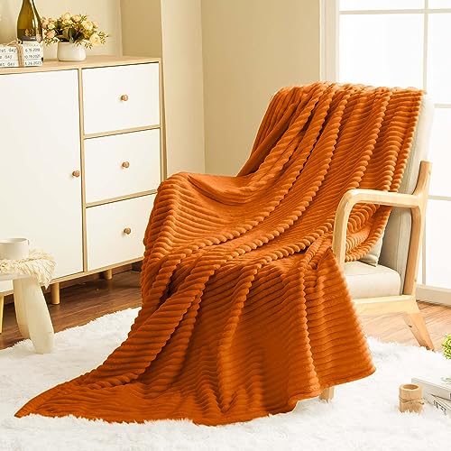 Vessia Flannel Fleece Twin Size Blanket for Bed,Couch,Sofa(60x80inch), 300GSM Microfiber Burnt Orange Striped Bed Blanket for Adults, Super Soft Warm Cozy Lightweight Ribbed Decor for All-Season - color: Burnt Orange, size: 60x80 inch