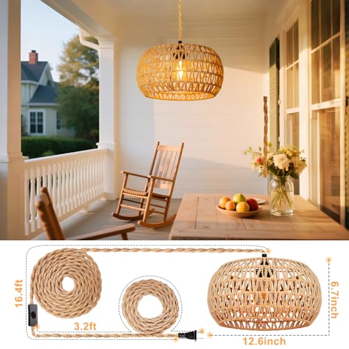 Hanging Lamps Rattan Pendant Light Hanging Lights 16.4ft Plug in Cord Pendant Light Fixture Plug Into Wall Outlet Pendant Lighting with On Off Switch for Bedroom Living - size: 12.6 Inch-Drum Shade
