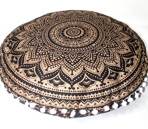 Black Gold Ombre Round Mandala Floor Pillow Cover Seating Cushion Throw Cover Hippie Decorative Bohemian Ottoman Pouf Cover, Pom Pom Pillow Cases,Boho Indian 32 Inches - color: Black Gold, size: 32" Round