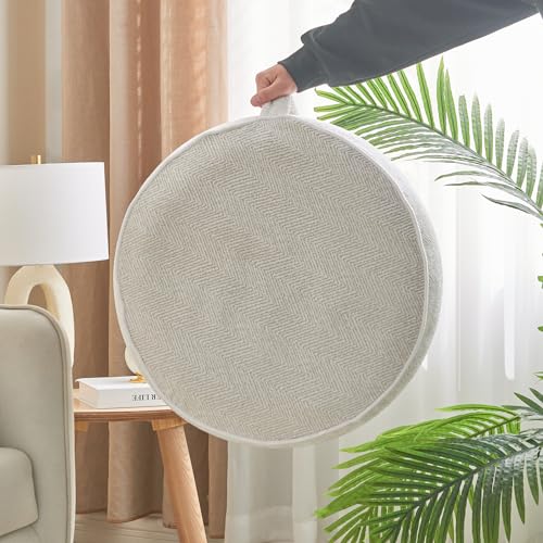 Inflatable Pouf Ottoman, 21x10 Inches Stuffed Chenille Ottoman with Inflatable PVC Liner, Foot Rest with Portable Handle, Round Floor Pillow for Living Room, Bedroom, Kids Room - color: White