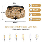 3-Lights Woven Rattan Flush Mount Ceiling Light Fixture with Hand-Worked Cage Shade for Bedroom, Kitchen, Foyer, Porch