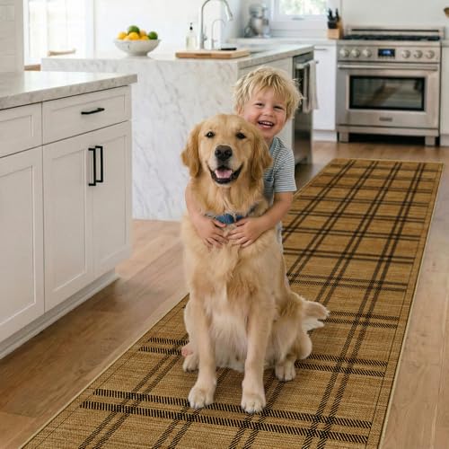 Jute 3x6 Kitchen Plaid Rug: Washable Non Slip Hallway Rugs with Rubber Backing Pet-Friendly Carpets Stain Resistant Runners for Laundry Entryway Bedroom Decor Brown - color: Brown Plaid, size: 3' x 6' (Rectangular)